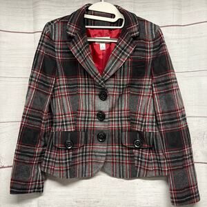 Talbots Plaid Wool Blazer Red Grey Black 3-Button Jacket Women's Size 6